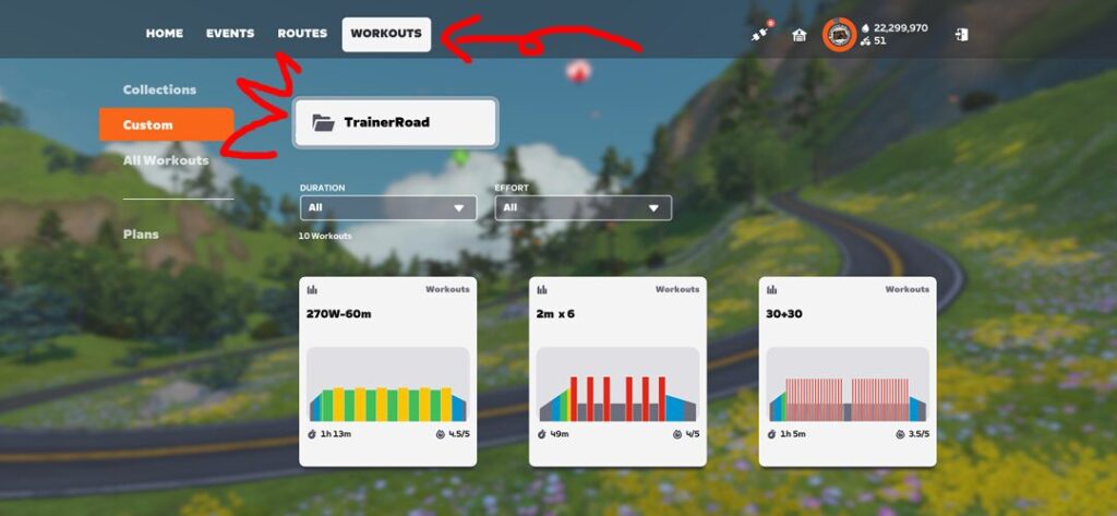 ZWIFTの「WORKOUTS ＞ CUSTOM」を見て！